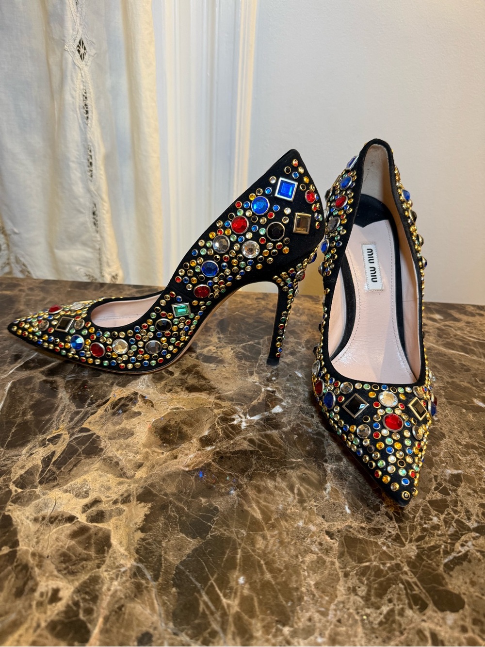 Miu Miu Black Suede Crystal Pointed-Toe Pumps Multi Color
